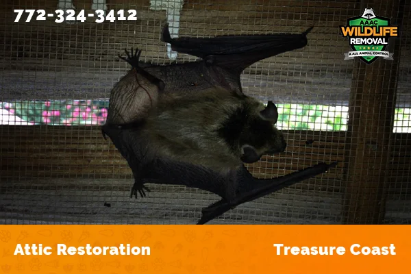 Bat hanging onto bat exclusion netting over a gable vent in the treasure coast